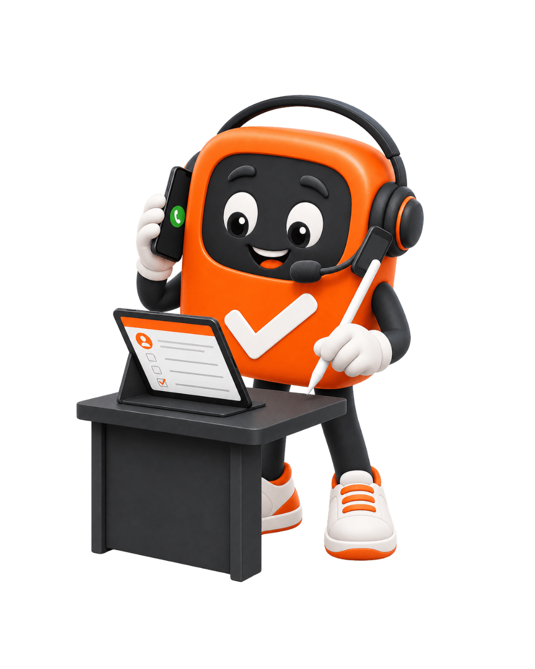 WorkWon mascot on headset answering calls at desk — Missed Call Text Back feature