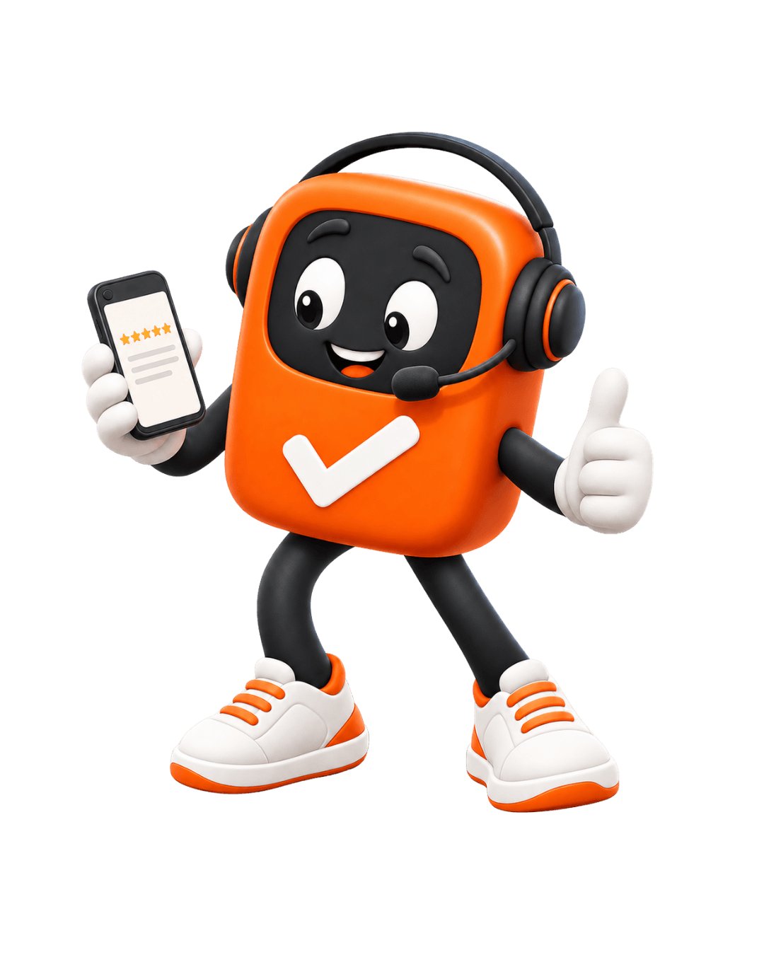 WorkWon mascot with headset giving a thumbs up and showing 5-star reviews on phone