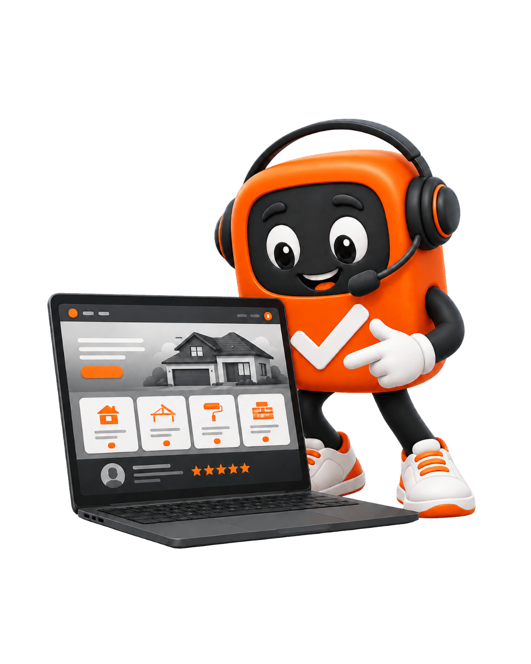 WorkWon mascot showing a functional website on laptop